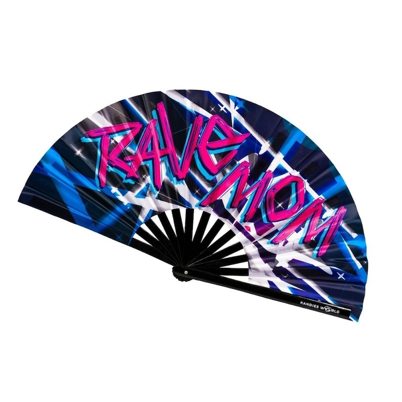 May include: A black and blue hand fan with a white background and the words "Rave Mom" in pink and blue lettering. The fan has a black handle and the words "Kandies World" are printed on the bottom.