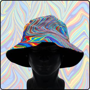 Rainbow Road Marble Pattern - Black & White Hydro-Dipped Bucket Hat – Psychedelic Swirl Cotton Festival Wear (UV Reactive) Unisex Accessory