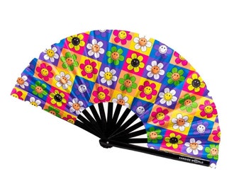 Daisy Flowers - UV Reactive Custom Festival Folding Hand Fan - Large Bamboo Fan - Rave Accessories - Festival Merch