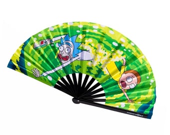Rick And Morty - UV Reactive Custom Festival Folding Hand Fan - Large Bamboo Fan - Rave Accessories - Festival Merch - Rick And Morty