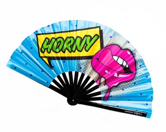 UV Reactive Bamboo Horny Hand Fan – Festival Rave Accessory -Large Folding Clack Fan