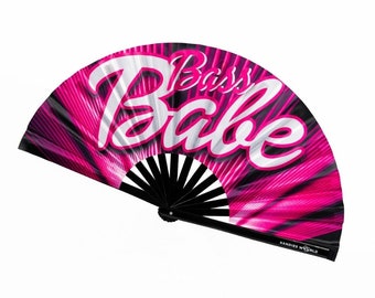 Bass Babe - UV Reactive Custom Festival Folding Hand Fan - Large Bamboo Fan - Rave Accessories - Festival Merch