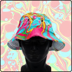 Nasty 90's Marble Pattern - Multicolor Hydro-Dipped Bucket Hat – Psychedelic Swirl Cotton Festival Wear (UV Reactive) Unisex Accessory