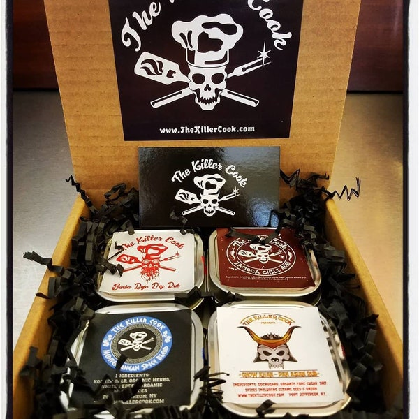 The Killer Cook's Passport To Flavor Four Dry Rub Gift Set 4  3oz tins & 1 sticker