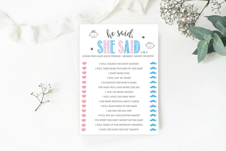 He Said She Said Baby Shower Game Gender Reveal Game Baby Etsy