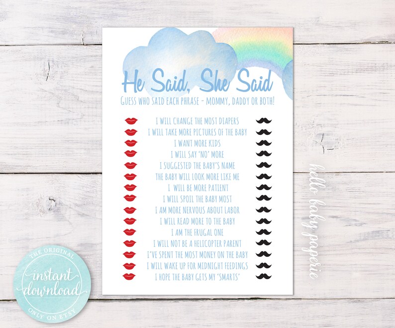 Baby Shower Game He Said She Said Game Printable Rainbow Etsy