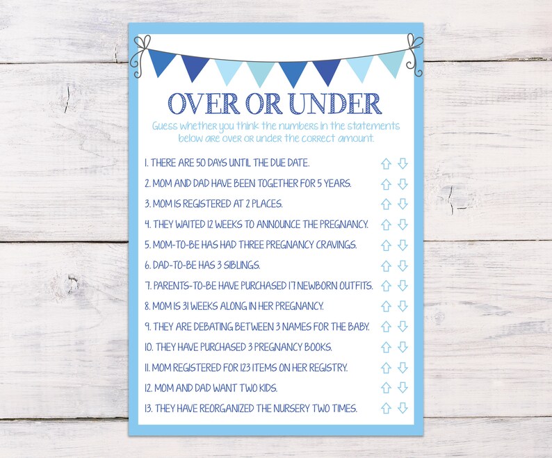 Over Or Under Baby Game Baby Shower Games Boy Baby Shower Etsy