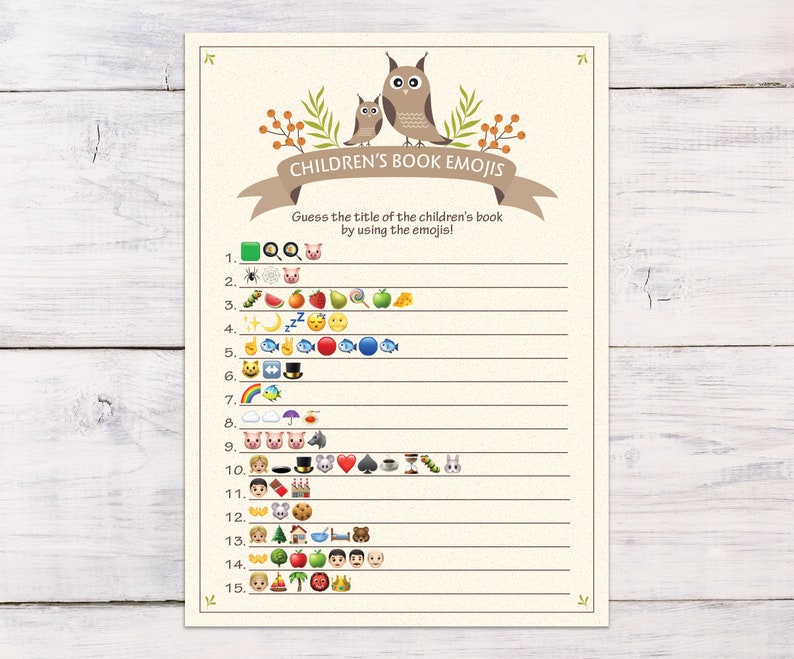 Emoji Game Pictionary Baby Shower Woodland Owl Rustic Etsy Emoji Game Pictionary Baby Shower Woodland Owl Rustic Etsy