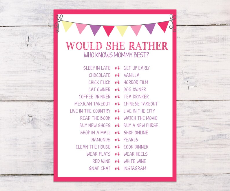 Would She Rather Baby Shower Games Baby Shower Girl Baby Etsy Would She Rather Baby Shower Games Baby Shower Girl Baby Etsy
