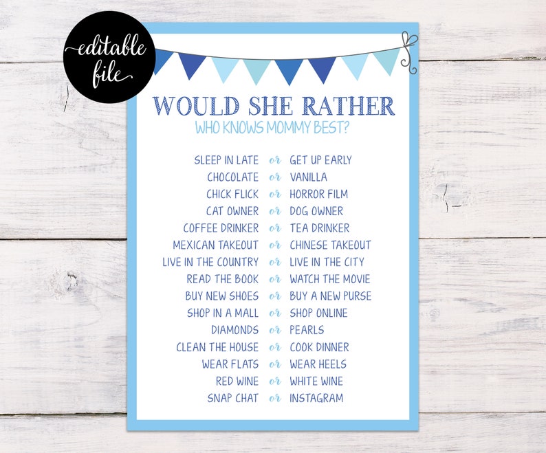 Would She Rather Baby Shower Games Baby Shower Boy Baby Etsy