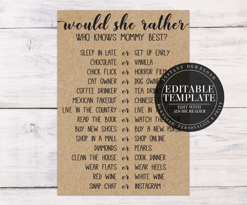 Would She Rather Who Knows Mommy Best Baby Shower Game Etsy Would She Rather Who Knows Mommy Best Baby Shower Game Etsy