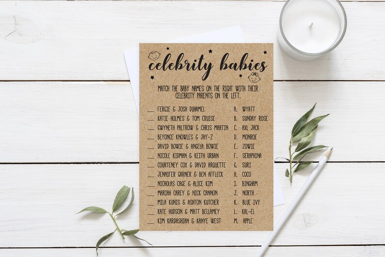 Celebrity Babies Baby Shower Game Kraft Paper Baby Shower Etsy