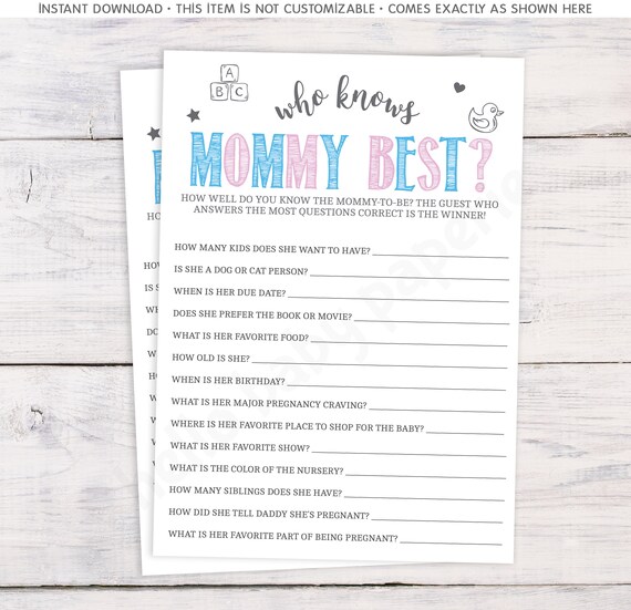 Who Knows Mommy Best Baby Shower Game Gender Reveal Games Etsy