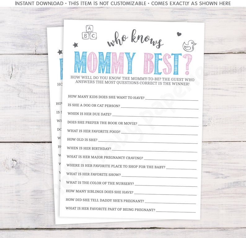 Who Knows Mommy Best Baby Shower Game Gender Reveal Games Etsy