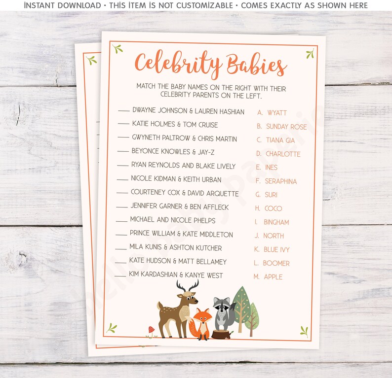 Celebrity Game Baby Shower Game Baby Shower Ideas Woodland Etsy Celebrity Game Baby Shower Game Baby Shower Ideas Woodland Etsy
