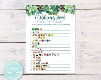 Children's Book Emoji Game, Baby Pictionary, Baby Shower Game, Greenery Baby Shower Game, Succulent Baby Shower, Baby Shower Ideas, 1012