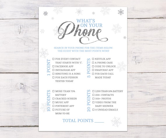 What S In Your Phone Game Baby Shower Games Snowflake Etsy