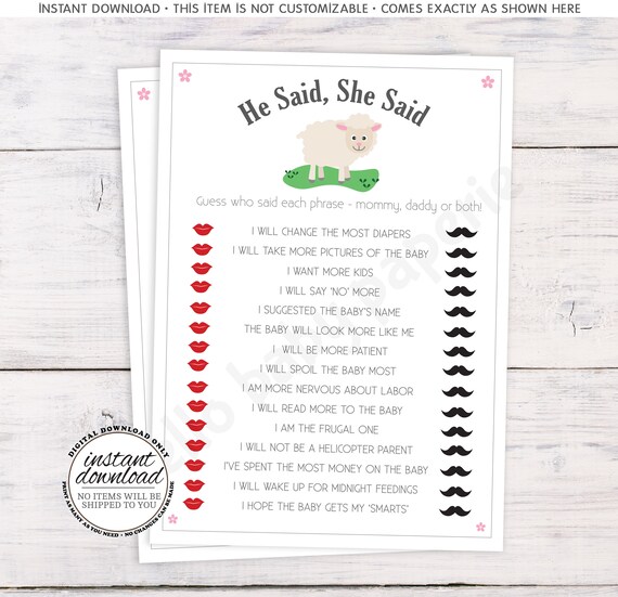 Baby Shower Games He Said She Said Little Lamb Baby Shower Etsy Baby Shower Games He Said She Said Little Lamb Baby Shower Etsy
