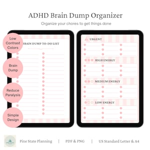 Peut inclure: Un modèle de planificateur numérique ADHD Brain Dump Organizer présentant deux pages avec un fond rayé rose clair. La page de gauche est une liste de tâches Brain Dump, et la page de droite classe les tâches par niveaux d'énergie.