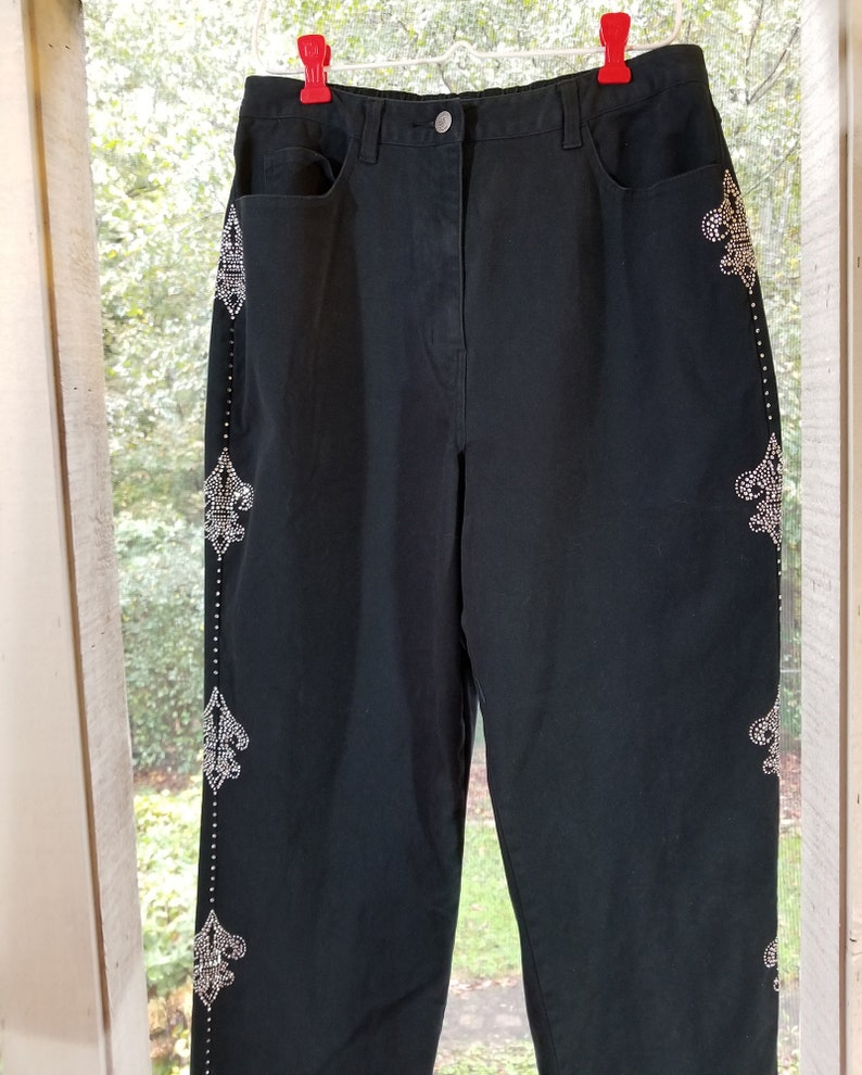 Black Jeans with Elastic Waist by Quacker Family Vintage 1990s High Waisted Pants with Silver Rhinestone Sides Medium
