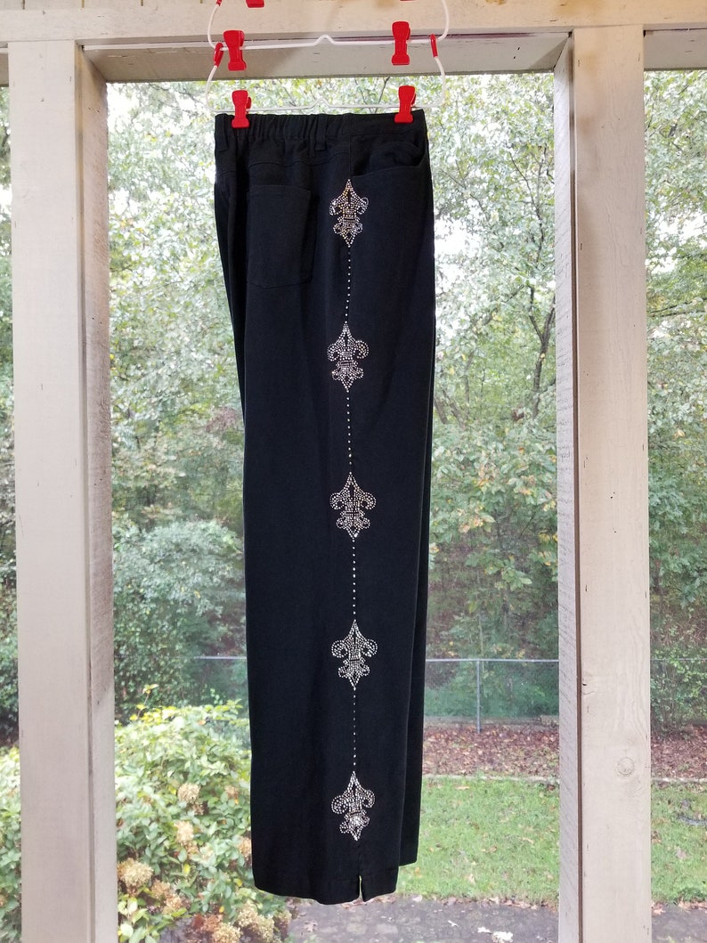 Black Jeans with Elastic Waist by Quacker Family Vintage 1990s High Waisted Pants with Silver Rhinestone Sides Medium