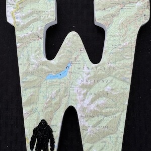 W, letra de madera W, tema del mapa de Washington, decoración de pared, decoración con tema de viaje, decoración de Bigfoot o Sasquatch, regalo para viajero, regalo para esposo