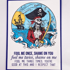 Cartão de humor do pirata esqueleto, citação Fool Me Once, cartão de felicitações de humor negro, cartão para namorado, cartão para pai, humor de Halloween