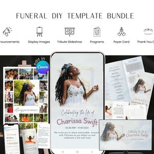 Op de afbeelding: Een doe-het-zelf sjabloonbundel voor uitvaarten met digitale mockups van aankondigingen, display-afbeeldingen, herdenkingsdiavoorstellingen, programma's, gebedskaarten en bedankkaarten. De ontwerpen bevatten foto's en de tekst Celebrating the life of Charissa Swift.