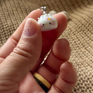 May include: A white dumpling charm with a silver bail, featuring a pink flower and pink whiskers. The charm is held in a hand with a ring. The background is a textured, tan surface.
