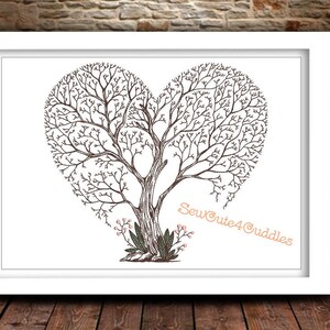 May include: A black and white line drawing of a tree in the shape of a heart. The tree has branches and leaves. The text "SewCute4Cuddles" is written in pink below the tree.