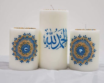 Personalized Ramadan Candles Set, Islamic Calligraphy & Henna Decor