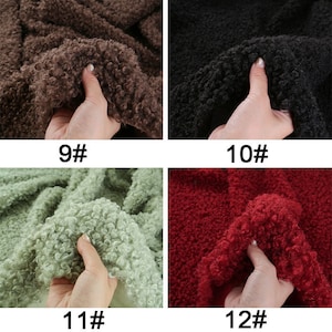 May include: Four fabric swatches in different colors: brown, black, green, and red. Each swatch is a close-up of a fluffy, textured fabric. The swatches are labeled with numbers 9, 10, 11, and 12.