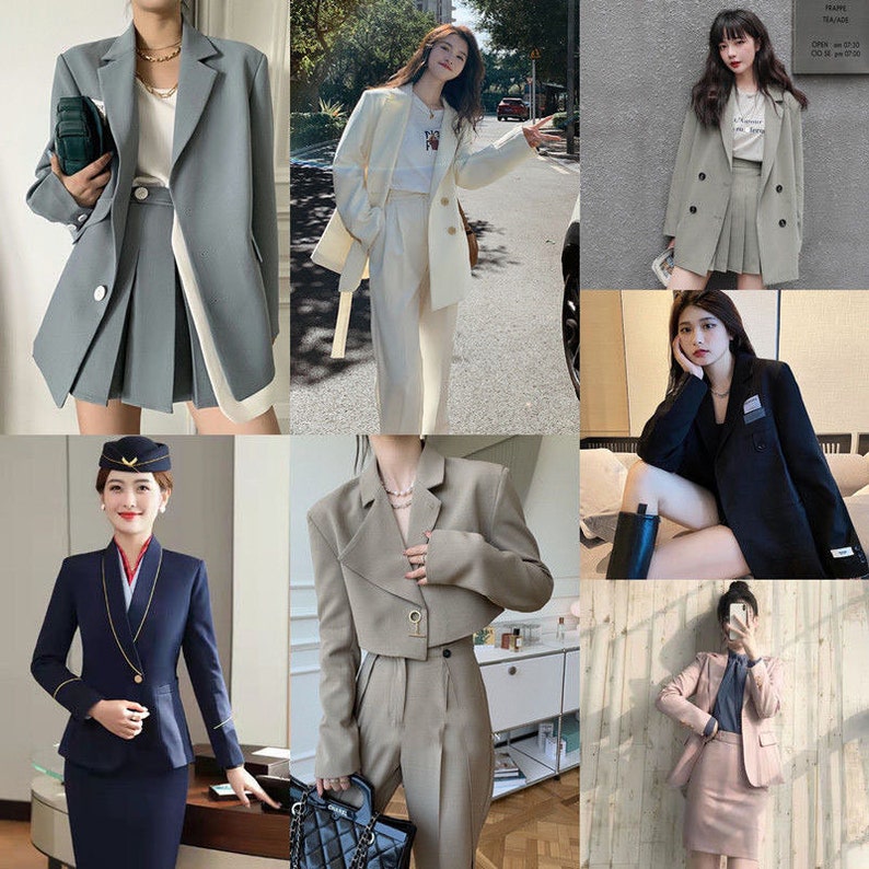 May include: A collection of images showcasing different styles of blazers. The images feature women wearing blazers in various colors, including blue, white, beige, and black. The blazers are paired with different outfits, such as skirts, pants, and dresses.