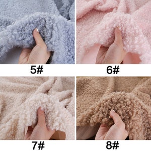 May include: Four close-up images of different colors of fluffy faux fur fabric. The fabric is soft and plush, with a curly texture. The colors are light blue, pink, beige, and brown.