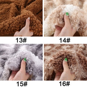 May include: Four close-up images of different faux fur fabrics. The first image shows a brown faux fur. The second image shows a white and brown faux fur. The third image shows a gray and white faux fur. The fourth image shows a brown and white faux fur.