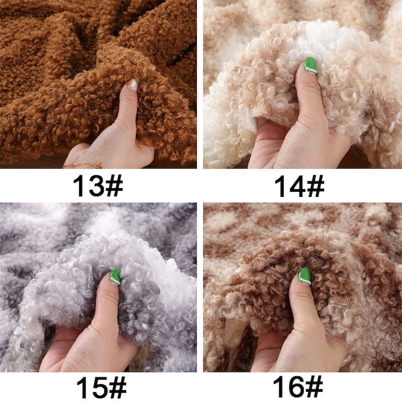 May include: Four close-up images of different faux fur fabrics. The first image shows a brown faux fur. The second image shows a white and brown faux fur. The third image shows a gray and white faux fur. The fourth image shows a brown and white faux fur.