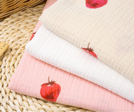 Double Layered Gauze Muslin Fabric, Strawberry Fabric, 100% Cotton Muslin Fabric for Babies,Soft Plain Muslin Cotton Fabric,By the Half Yard