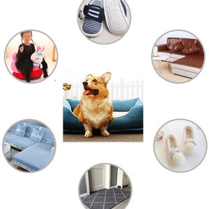 May include: A collection of images showcasing various uses for a pet bed. The images include a dog sleeping in the bed, a child sitting on a similar bed, a couch with a pet bed cover, a pair of slippers, and a doormat.