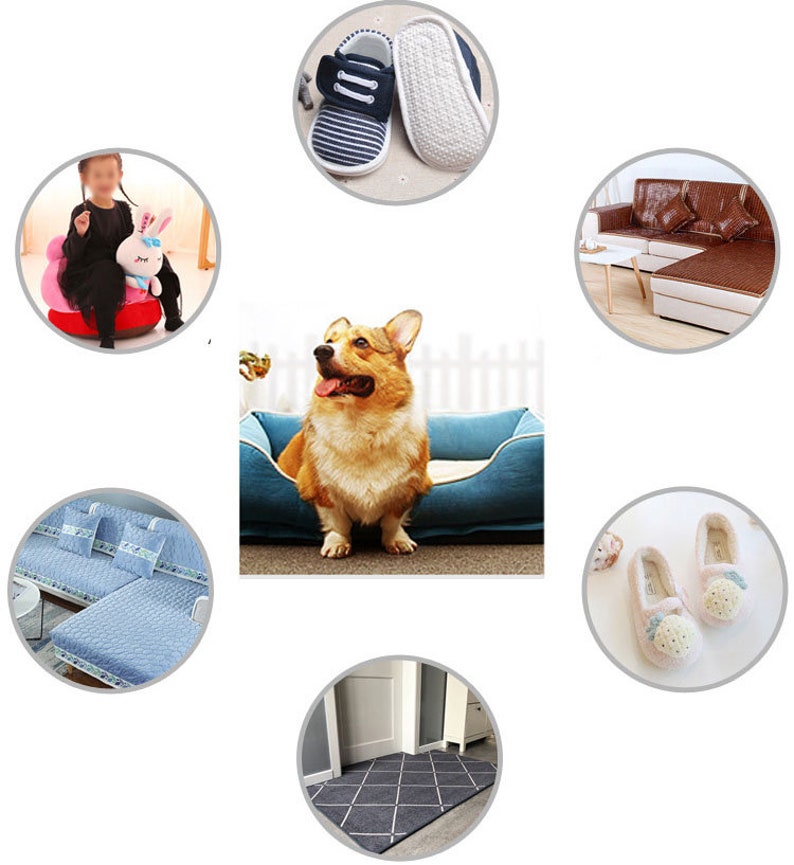 May include: A collection of images showcasing various uses for a pet bed. The images include a dog sleeping in the bed, a child sitting on a similar bed, a couch with a pet bed cover, a pair of slippers, and a doormat.
