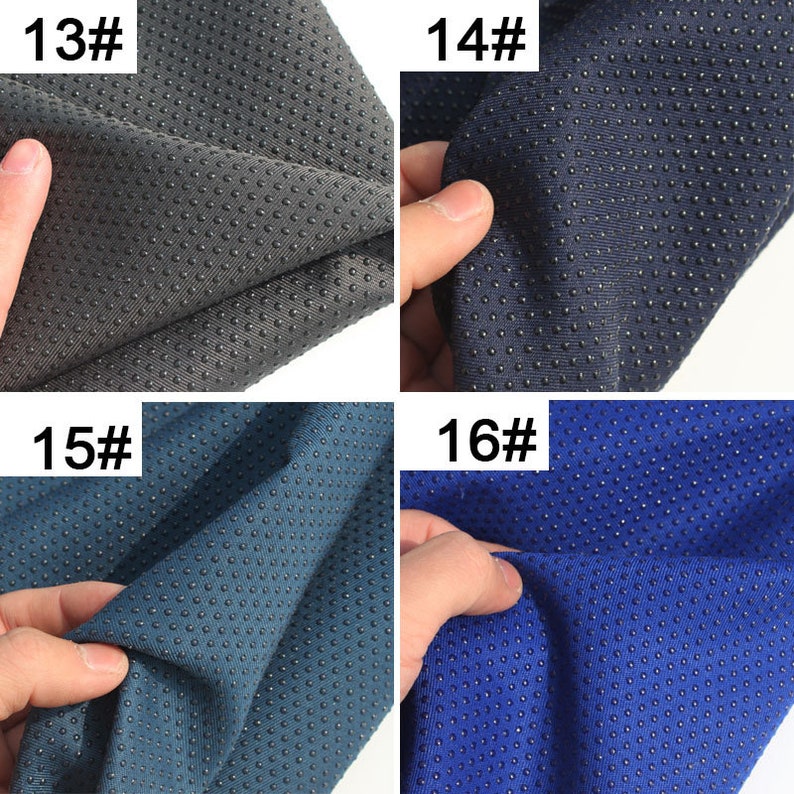 May include: Four fabric swatches with a textured, dotted pattern. The swatches are in shades of gray, navy blue, teal, and blue. The swatches are labeled with numbers 13, 14, 15, and 16.