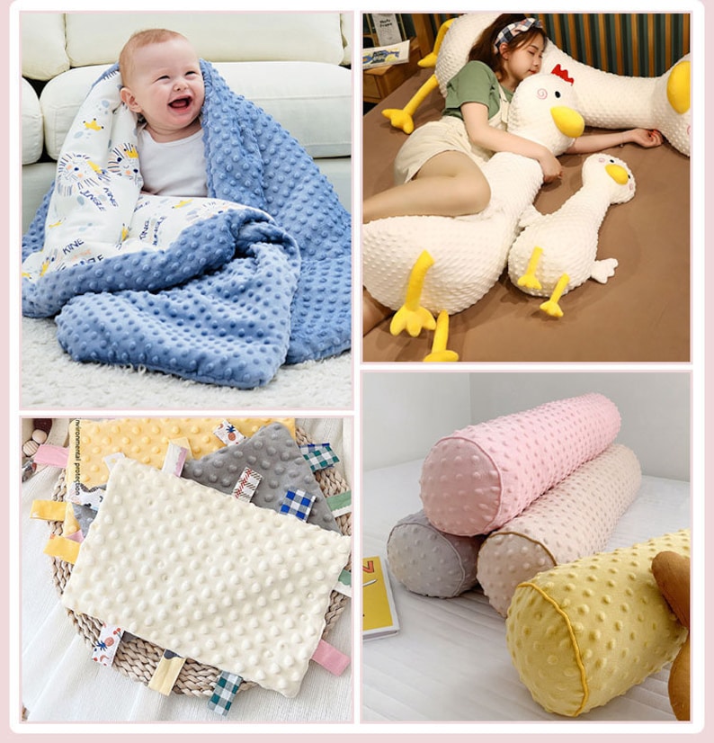 May include: A set of four baby blankets and pillows in various colours and patterns. The blankets are made of soft, textured fabric with a dotted design. The pillows are shaped like a cylinder and have a similar dotted design. The blankets and pillows are perfect for babies and toddlers.