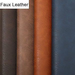 May include: Four samples of faux leather fabric in different colors: dark brown, brown, orange-brown, and blue.
