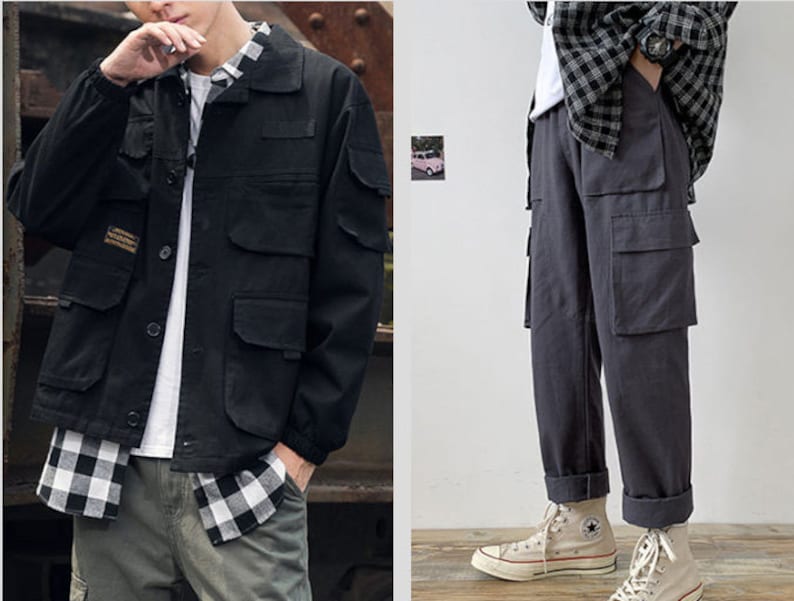 May include: A black utility jacket with a plaid shirt underneath and a pair of grey cargo trousers with multiple pockets.