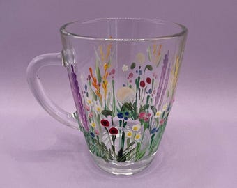 Hand Painted Wildflower design Glass Mug, can be personalised
