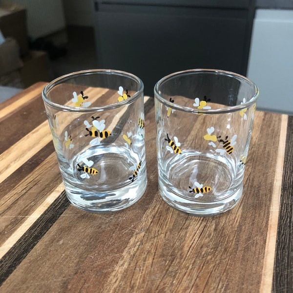 Shot glasses Hand painted bee design  x 2 fun gift. Birthday Wedding favours, bridesmaids, hen party gifts