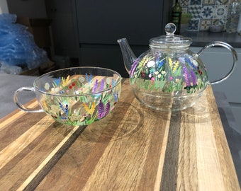 Hand Painted wild flower garden glass tea for one teapot and glass cup wedding, Mother’s Day, or birthday gift