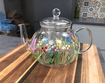 Hand Painted wild flower garden glass teapot with daisies, poppies, lupins etc can be personalised wedding, Mother’s Day,  or birthday gift