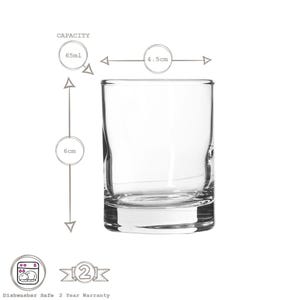 May include: A clear glass tumbler with a capacity of 65 ml. The tumbler is 6 cm tall and 4.5 cm wide. It is dishwasher safe and comes with a 2-year warranty.