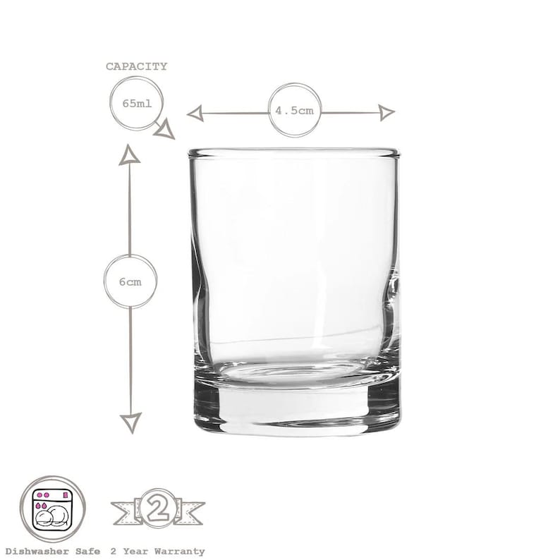 May include: A clear glass tumbler with a capacity of 65 ml. The tumbler is 6 cm tall and 4.5 cm wide. It is dishwasher safe and comes with a 2-year warranty.