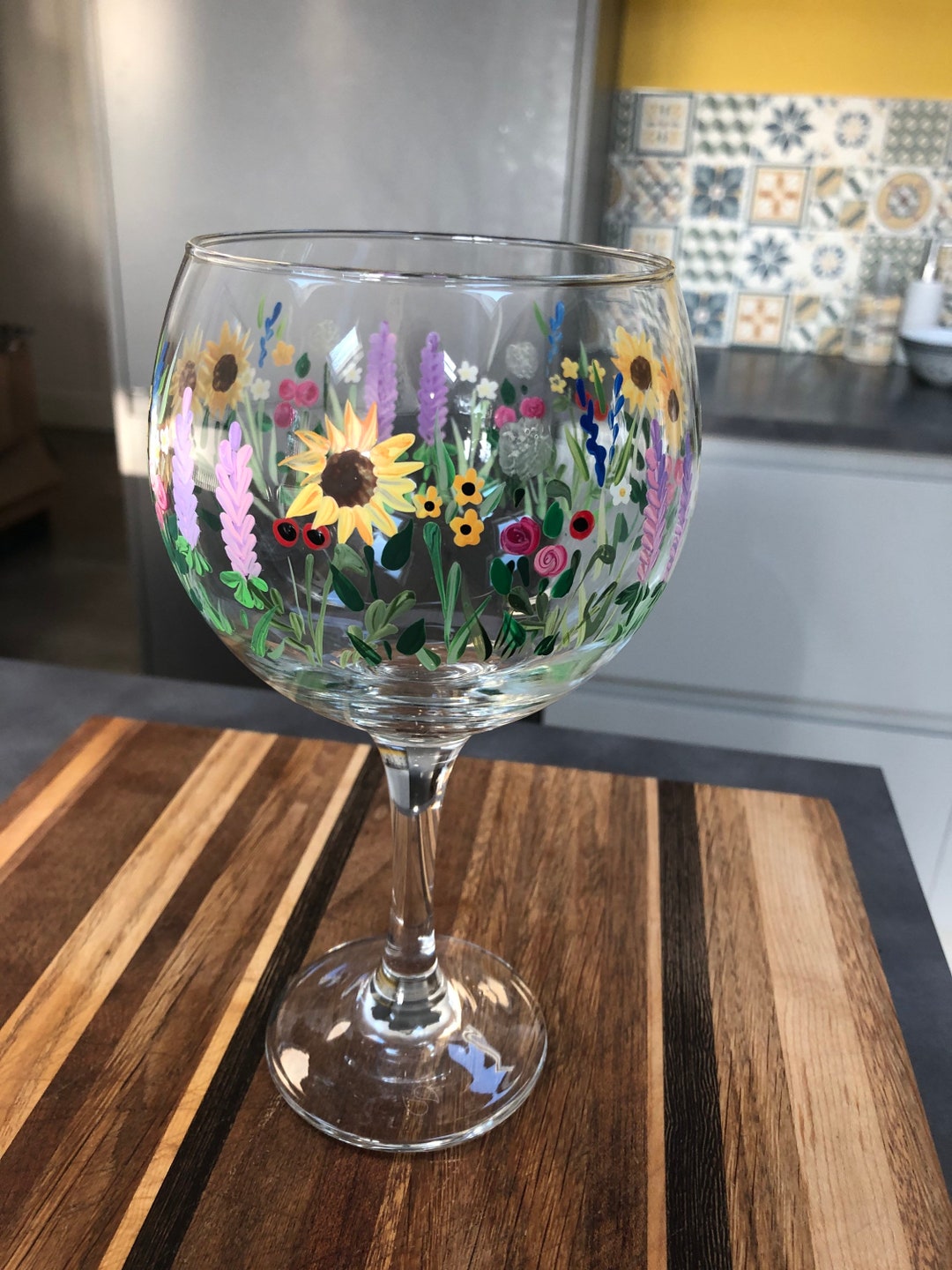 Gin Glass Hand Painted Sunflower Meadow. Can Be Personalised. Wedding, Birthday, Anniversary